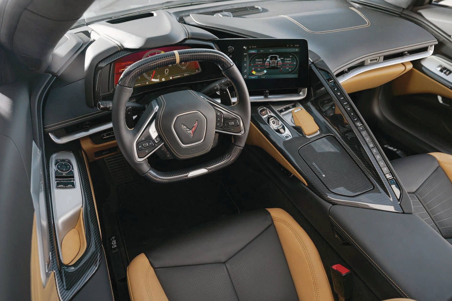 As with the E-Rays exterior, the interior styling is busy. Aside from instrumentation specific to the hybrid function  showing output and of efficiency of the system  the command-centre-style interior is unchanged from other Corvette models. PHOTO: CHEVROLET